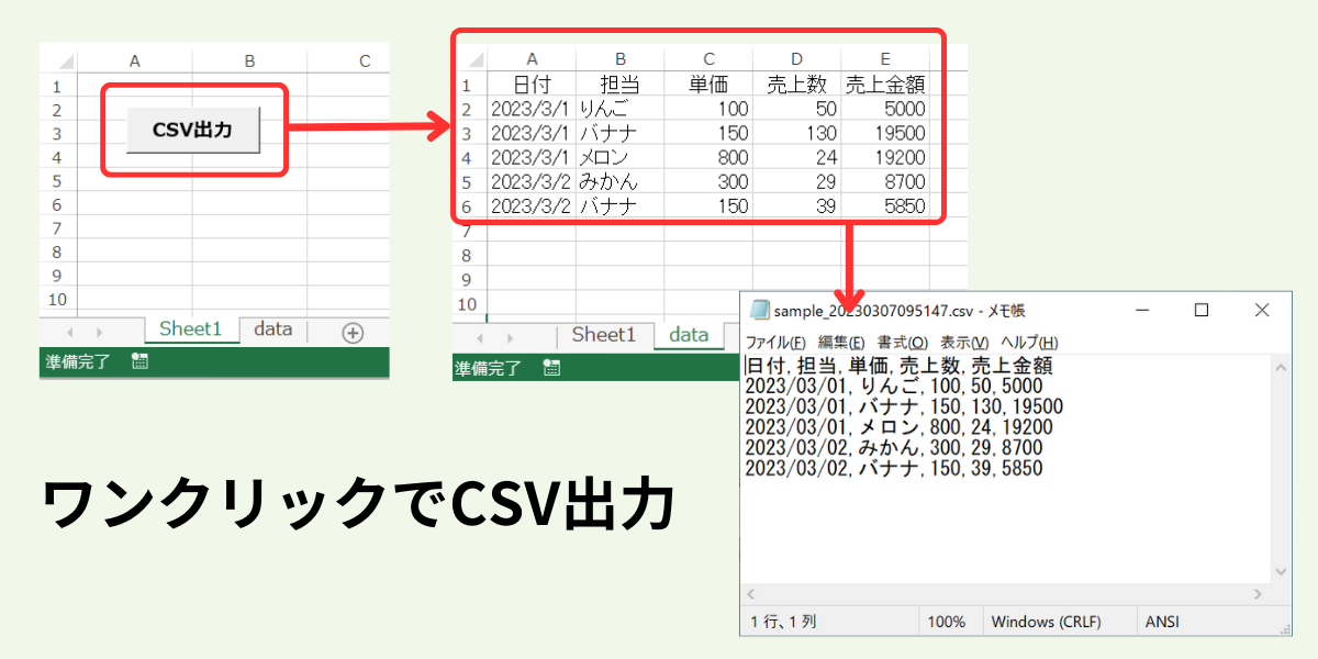 ワンクリックでCSV出力するイメージ